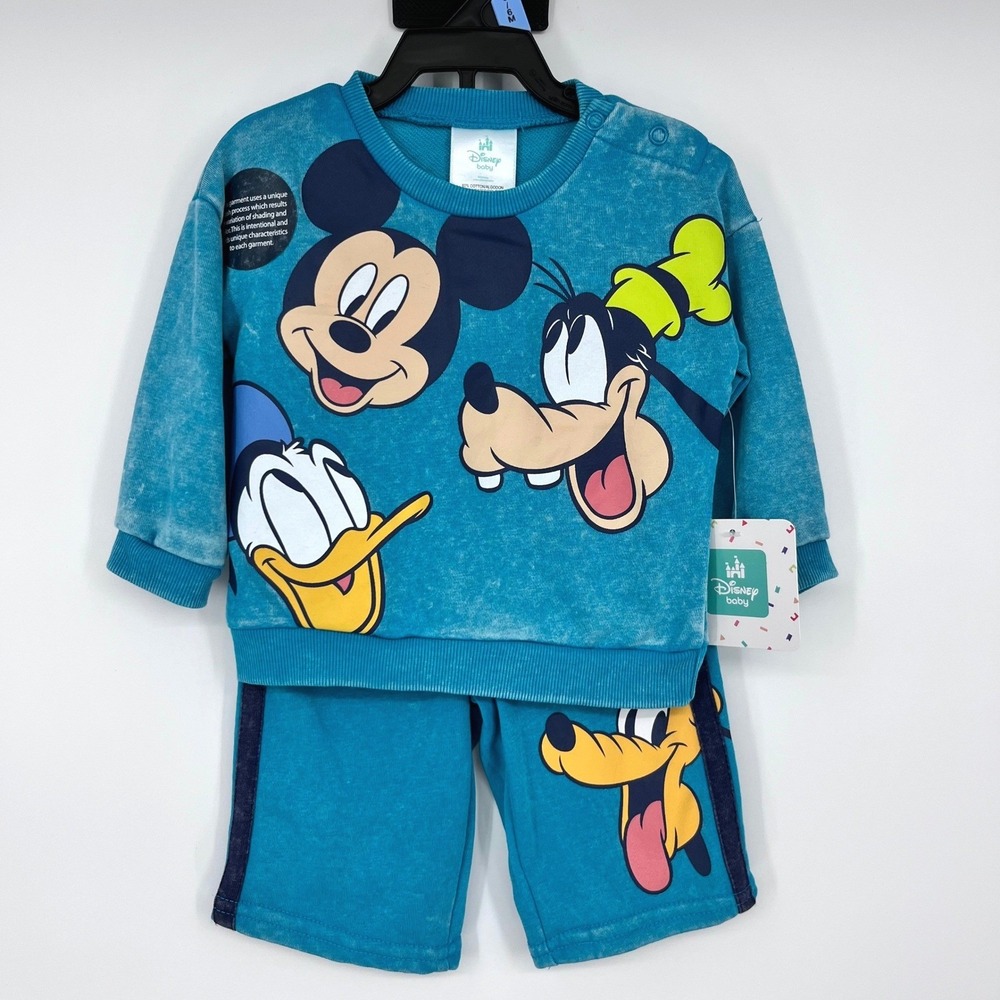 Disney Baby Sweatshirt Shorts Set Baby 3-6M Teal Mickey Donald Goofy Pluto